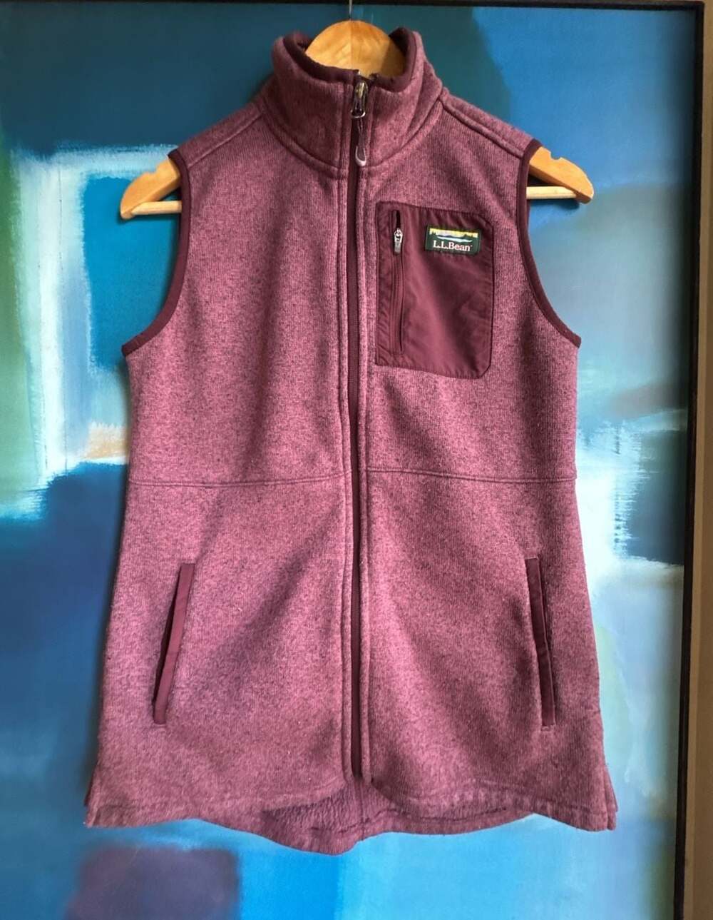 L.L. Bean Sweater Fleece Longline Vest Size Reg Burgundy Full Zip